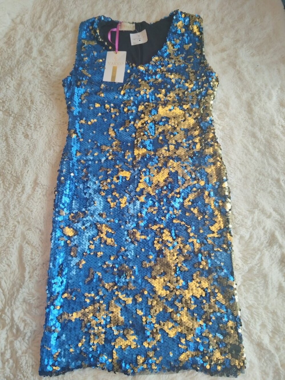 VAKKO Luxury Sequin Party Dress - Blue & Gold - NWT - Sleeveless Cocktail Dress